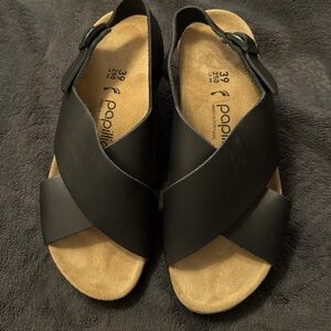 NWOT Papillio Black Leather "Samira" Wedge Sandals, Size 39, Narrow Width.